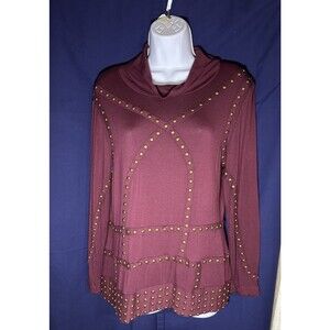 Edgy Studded Cowl Neck Tunic Top - Burgundy & Gold Moto Style